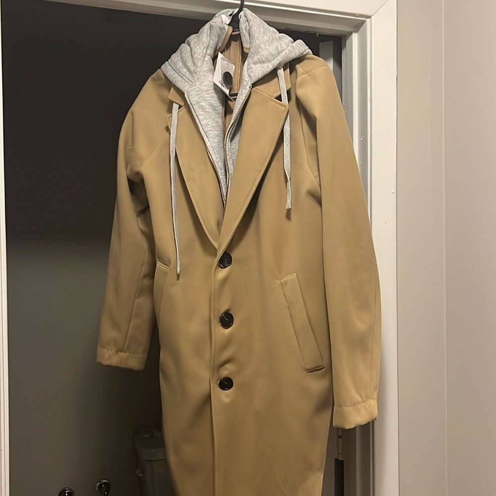 Mens Pea Coat..Grey hoodie attached ...slim (come down to ankle's)size small